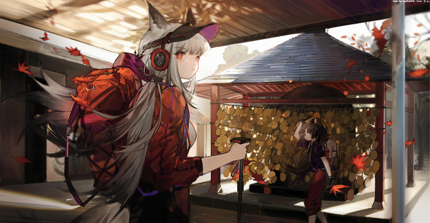 2girls, alternate_costume, animal_ears, arknights, arm_up, autumn, autumn_leaves, backpack, bag, bangs, blurry, blurry_background, branch, brown_eyes, buddhism, cape, chinese_commentary, closed_mouth, commentary_request, dog_ears, dog_girl, dog_tail, finn_zoey, fox_ears, fox_girl, fox_tail, frostleaf_(arknights), gloves, grey_hair, hair_lift, hair_tie, headphones, highres, hiking, hiking_pole, jacket, leaf, light, light_blush, long_hair, long_sleeves, looking_at_viewer, looking_to_the_side, maple_leaf, multiple_girls, pagoda, red_eyes, red_jacket, saga_(arknights), short_sleeves, sidelocks, smile, tail, temple, tree, visor_cap, waving, wind, wind_lift