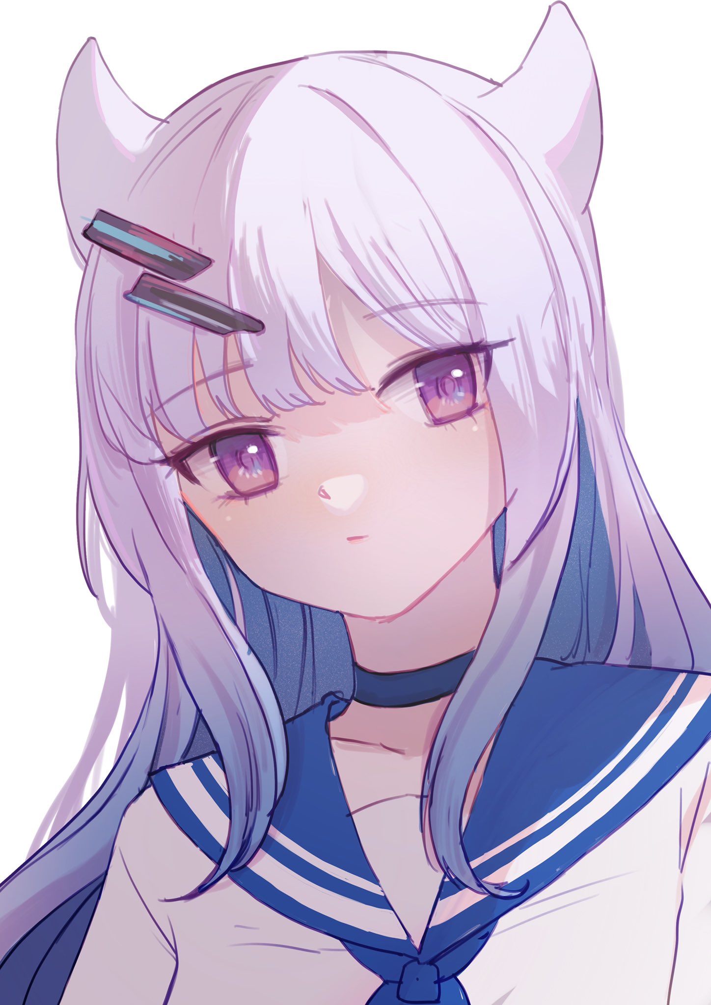 1girl, bangs, blue_choker, blue_hair, blue_neckerchief, blue_sailor_collar, choker, closed_mouth, colored_inner_hair, eternal_sakura, expressionless, guruguru, hair_horns, hair_ornament, highres, looking_at_viewer, magia_record:_mahou_shoujo_madoka_magica_gaiden, mahou_shoujo_madoka_magica, minaminagi_liberty_academy_school_uniform, multicolored_hair, neckerchief, portrait, purple_hair, sailor_collar, school_uniform, serafuku, shirt, sidelocks, simple_background, solo, two-tone_hair, violet_eyes, white_background, white_shirt