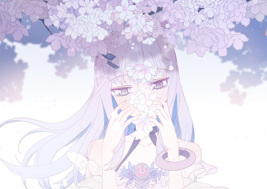 1girl, bangs, blue_hair, bracelet, cherry_blossoms, colored_inner_hair, covered_mouth, eternal_sakura