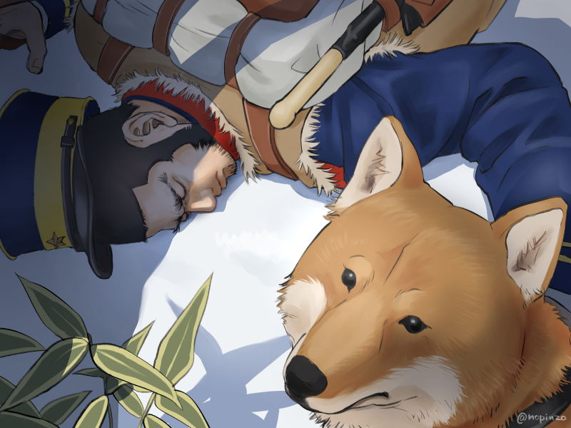 1boy, beard, black_hair, buzz_cut, comedy, crack_of_light, dog, facial_hair, golden_kamuy, hat, kepi, looking_at_viewer, lying, male_focus, military_hat, nopinzo, on_stomach, parody_request, ryu_(golden_kamuy), shiba_inu, short_hair, sideburns, sleeping, solo_focus, tanigaki_genjirou, thick_eyebrows, very_short_hair