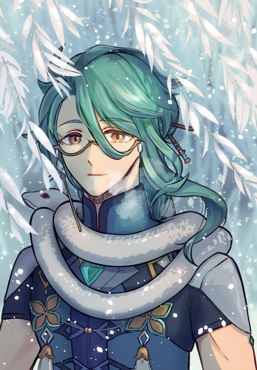 1boy, animal_around_neck, baizhu_(genshin_impact), blue_jacket, breath, changsheng_(genshin_impact), chinese_clothes, genshin_impact