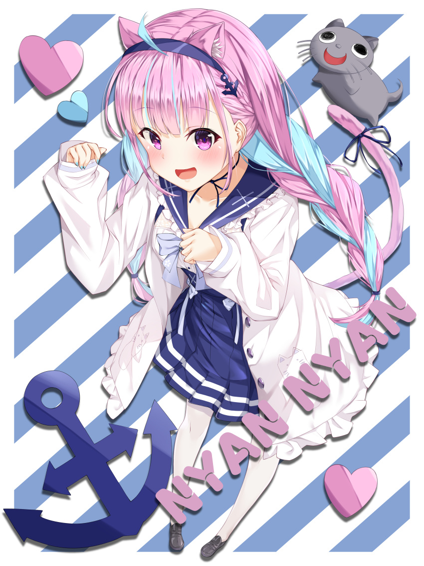 1girl, absurdres, ahoge, anchor_symbol, animal_ears, bangs, black_footwear, blue_hair