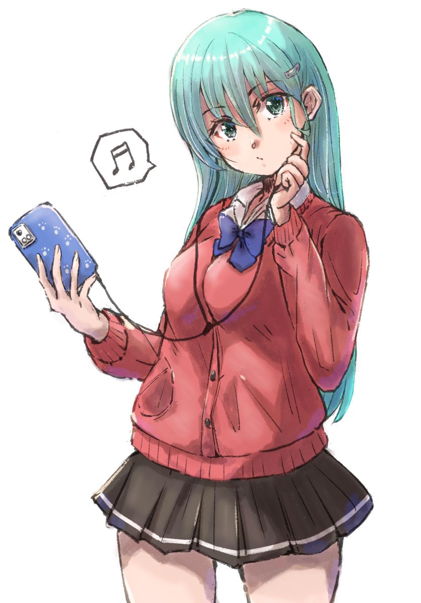 1girl, aqua_hair, beamed_sixteenth_notes, blue_bow, blue_bowtie, bow, bowtie, brown_skirt
