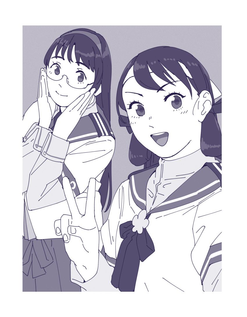 2girls, absurdres, akashi_(kancolle), akashi_(kancolle)_(cosplay), commentary_request, cosplay, greyscale, hands_on_own_face, highres, kantai_collection, long_hair, looking_at_viewer, monochrome, multiple_girls, necktie, ojipon, ooyodo_(kancolle), ooyodo_(kancolle)_(cosplay), sailor_collar, school_uniform, semi-rimless_eyewear, serafuku, under-rim_eyewear, v