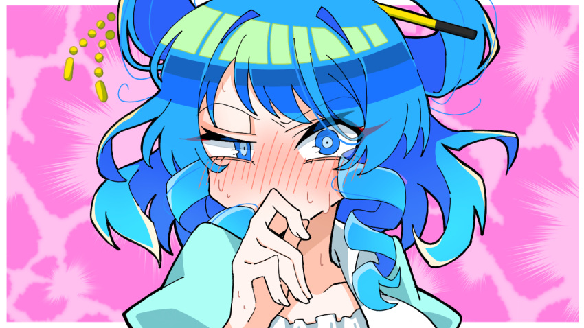 1girl, bangs, blue_dress, blue_eyes, blue_hair, blush, dress, embarrassed
