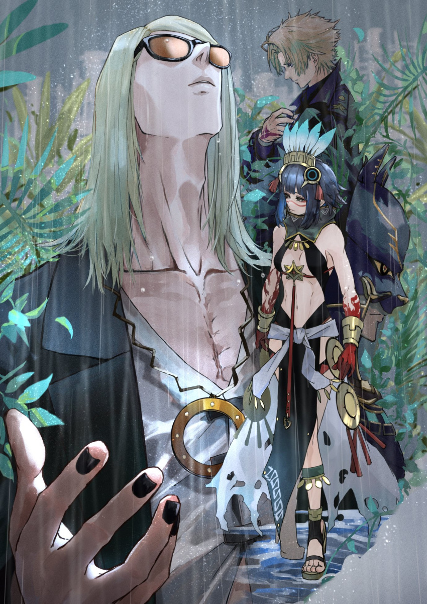 aztec, blood, blood_on_hands, blue-tinted_eyewear, bracer, colored_inner_hair, daybit_sem_void, facepaint