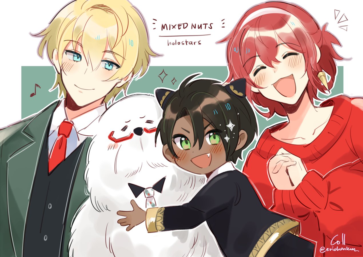3boys, :d, ^_^, animal_hug, animalization, anya_(spy_x_family), anya_(spy_x_family)_(cosplay), aragami_oga