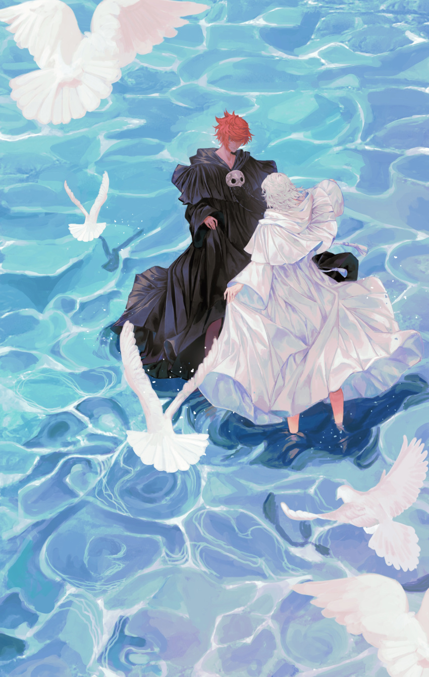 2boys, absurdres, barefoot, bird, black_capelet, black_robe, capelet, clytie_(ata_yuri)