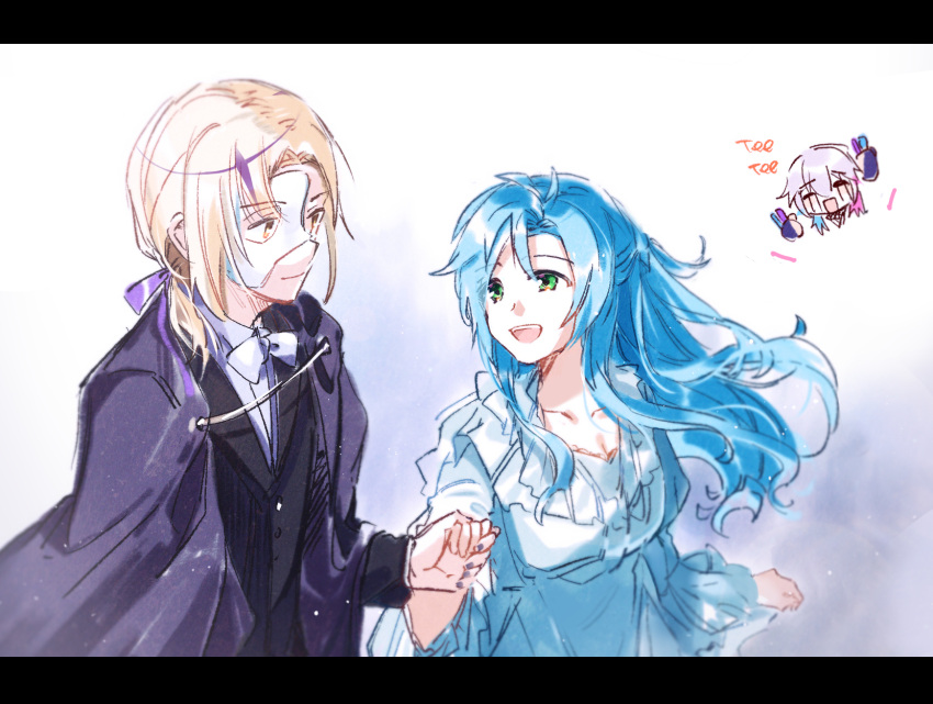 1girl, 2boys, :d, ^_^, bangs, black_jacket, blonde_hair, blue_dress