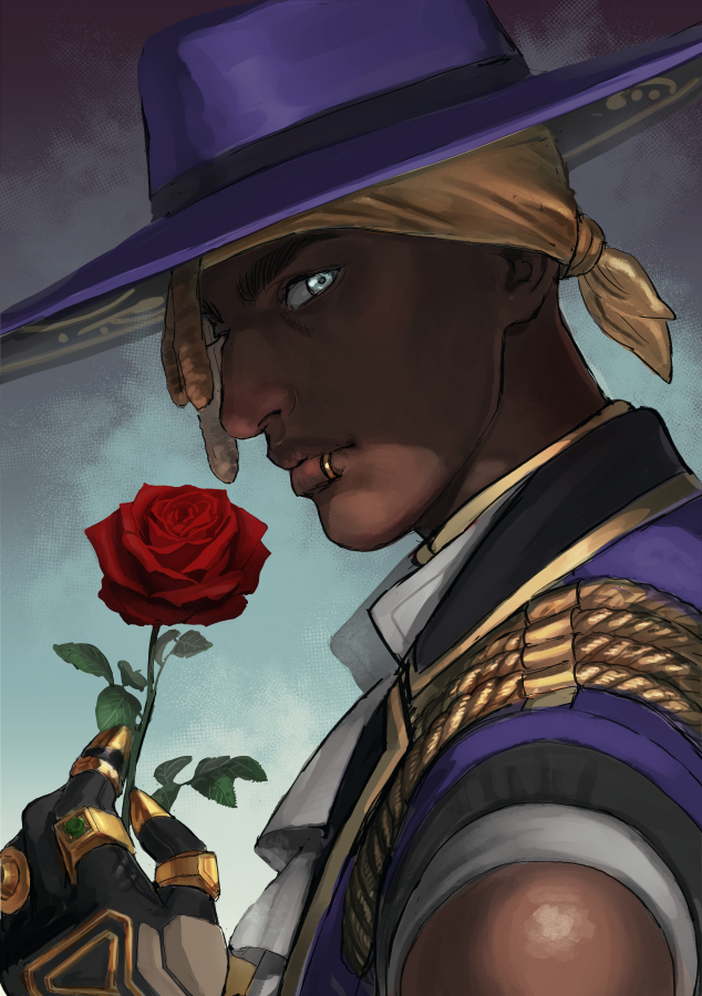 1boy, apex_legends, bandana, black_gloves, blonde_hair, daichi_midori, dark-skinned_male, dark_skin, dreadlocks, flower, from_side, gloves, grey_eyes, heartthrob_seer, holding, holding_flower, jacket, lip_piercing, looking_at_viewer, male_focus, official_alternate_costume, piercing, purple_headwear, purple_jacket, realistic, red_flower, red_rose, rose, seer_(apex_legends), sleeveless, sleeveless_jacket, solo, yellow_bandana