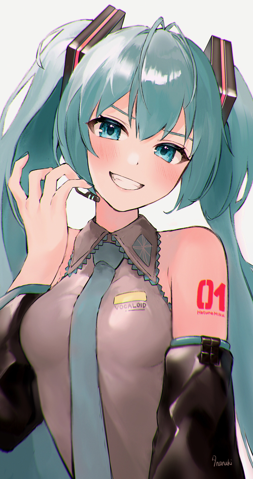 >:), 1girl, absurdres, antenna_hair, arm_tattoo, bangs, bare_shoulders, between_breasts