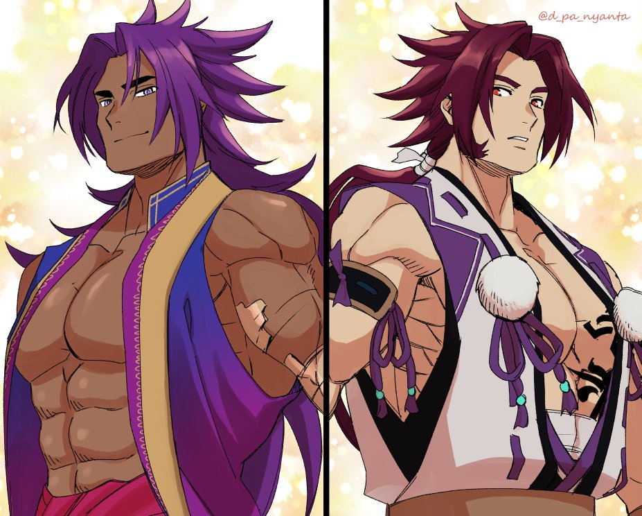 2boys, bare_shoulders, bhima_(fate), crossover, dark-skinned_male, dark_skin, large_pectorals, long_hair, long_sideburns, male_focus, multiple_boys, muscular, muscular_male, panya, pectoral_cleavage, pectorals, ponytail, purple_hair, purple_vest, redhead, sideburns, simple_background, smile, tonbokiri_(touken_ranbu), touken_ranbu, upper_body, very_long_hair, vest, violet_eyes, yellow_eyes