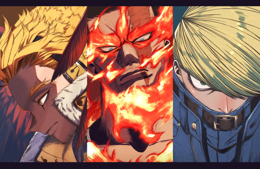 3boys, bangs, beard, belt, belt_buckle, belt_collar, best_jeanist, black_belt