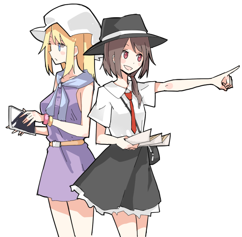 2girls, belt, black_skirt, blonde_hair, blue_eyes, brown_hair, fedora, feet_out_of_frame, hat, low_ponytail, map, maribel_hearn, mob_cap, multiple_girls, necktie, pointing, purple_shirt, purple_skirt, red_eyes, shiroshi_(denpa_eshidan), shirt, skirt, tablet_pc, touhou, usami_renko, white_shirt