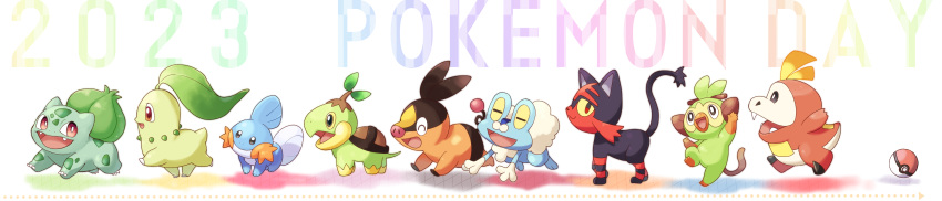 :d, ^_^, absurdres, bright_pupils, bulbasaur, chikorita, closed_eyes, commentary_request