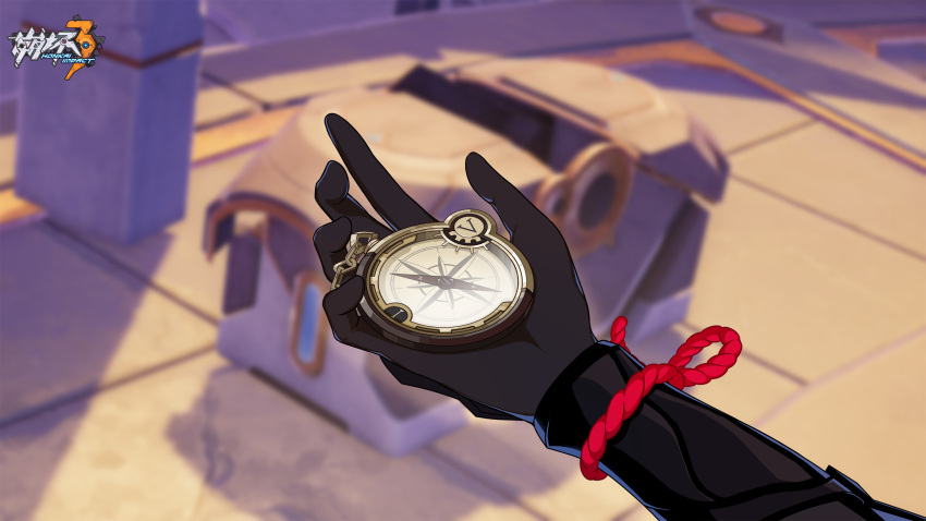 1girl, armor, black_armor, black_gloves, blurry, blurry_background, compass, day