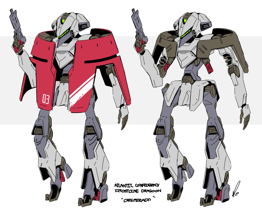 2023, absurdres, alex_(apdoodles), assault_visor, character_name, english_commentary, full_body, gun, highres, holding, holding_gun, holding_weapon, mecha, no_humans, open_hand, original, robot, science_fiction, signature, variations, weapon