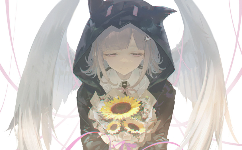 1girl, angel_wings, animal_ears, animal_hood, bangs, black_jacket, bouquet, closed_mouth