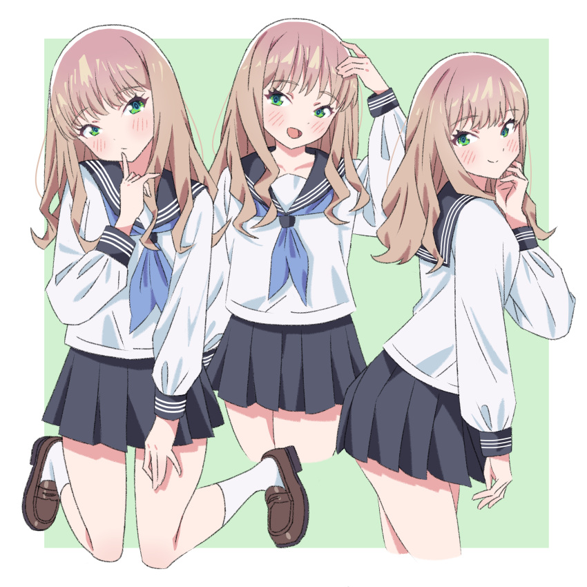 1girl, absurdres, black_sailor_collar, blue_neckerchief, blush, border, brown_footwear, brown_hair, green_background, green_eyes, grey_skirt, gridman_universe, highres, kneehighs, kneeling, loafers, long_sleeves, minami_yume, miniskirt, multiple_views, neckerchief, pleated_skirt, sailor_collar, school_uniform, serafuku, shirt, sho_(shoshos_8888), shoes, skirt, smile, socks, ssss.dynazenon, white_border, white_shirt, white_socks