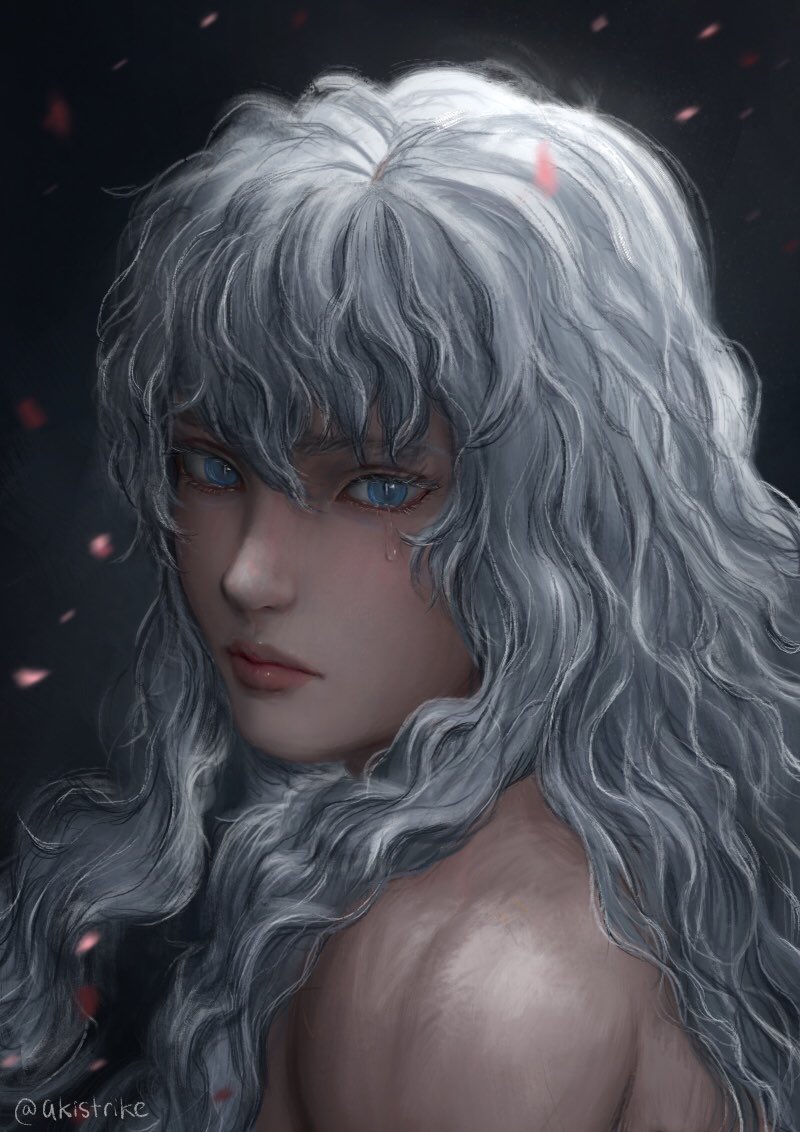 1boy, aki_(akistrike), bangs, bare_shoulders, berserk, blue_eyes, cherry_blossoms, close-up
