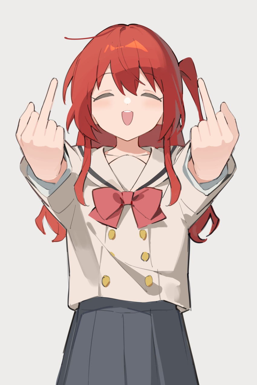 1girl, absurdres, bangs, black_skirt, bocchi_the_rock!, bow, closed_eyes, double_middle_finger