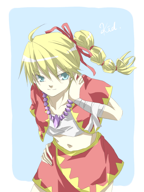 bandage, blonde_hair, blue_eyes, chrono_cross, female, jacket, kato_(pixiv346713), kid_(chrono_cross)