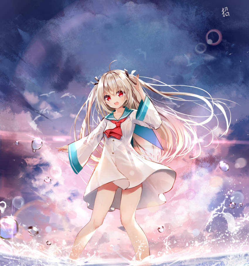 1girl, :d, ahoge, ascot, atri, atri-my_dear_moments-, bangs, bird, black_ribbon, blue_sailor_collar, blush, breasts, clouds, cloudy_sky, commentary, dress, hair_between_eyes, hair_ribbon, hand_up, happy, highres, legs, lens_flare, light_brown_hair, loli, long_hair, long_sleeves, looking_at_viewer, open_mouth, outdoors, red_ascot, red_eyes, ribbon, sailor_collar, seagull, sky, small_breasts, smile, soaking_feet, solo, splashing, twilight, two_side_up, very_long_hair, water, water_drop, white_dress, wide_sleeves, zhao_(pixiv12947327)