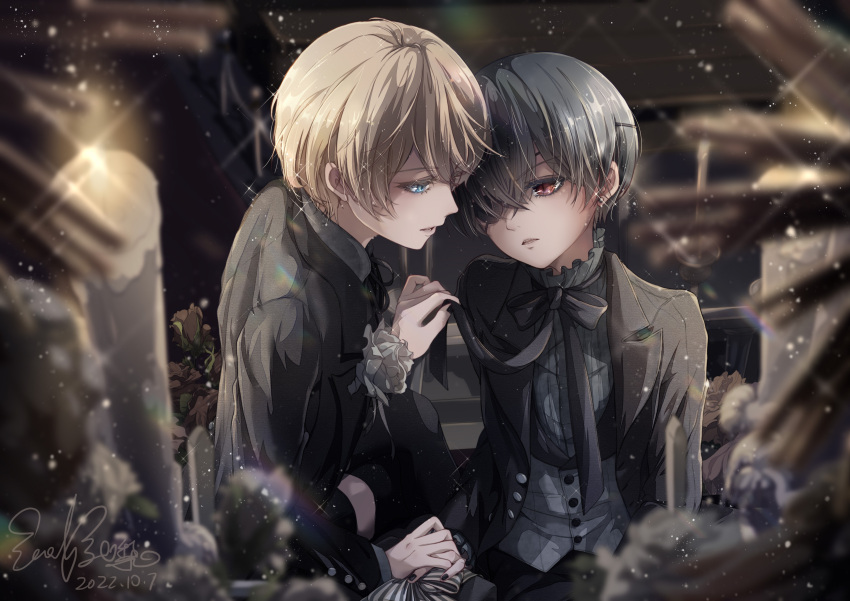 2boys, absurdres, alois_trancy, blonde_hair, blue_eyes, candle, ciel_phantomhive, eyepatch, frilled_shirt, frilled_sleeves, frills, hand_over_another's_hand, highres, holding, holding_ribbon, kodona, kuroshitsuji, long_sleeves, looking_at_another, male_focus, multiple_boys, otoko_no_ko, ribbon, shirt, short_hair, xikuliliangyuanzichihanli