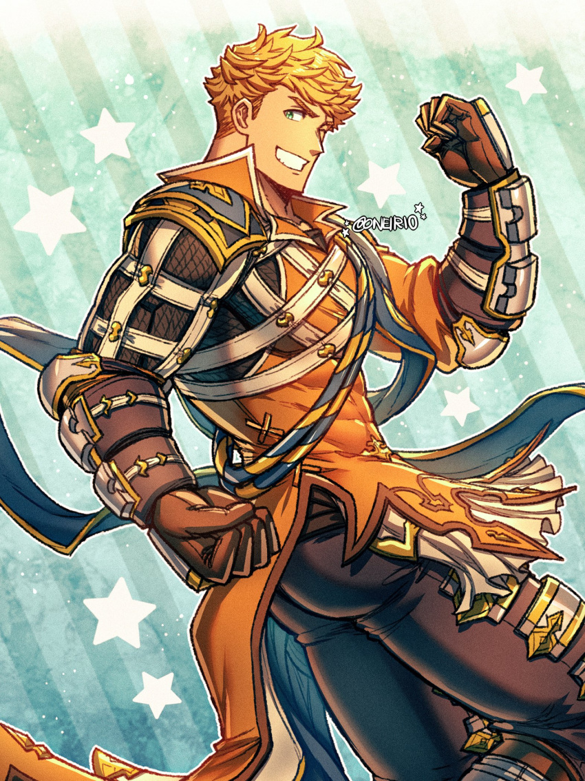 1boy, armor, ass, bangs, black_pants, blonde_hair, brown_gloves, gloves