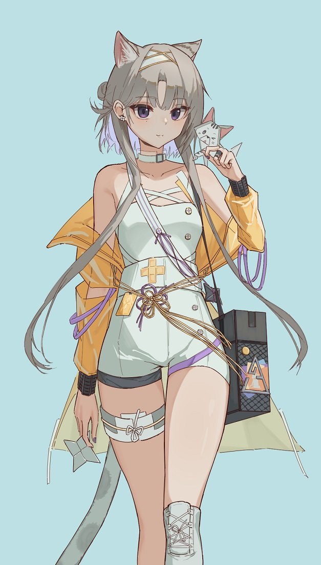 1girl, animal_ears, arknights, asymmetrical_footwear, blue_background, boots, cat_ears, cat_girl