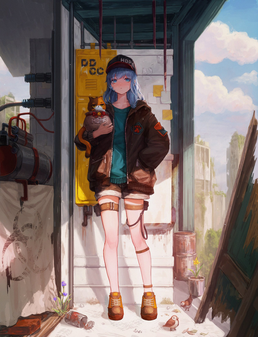 1girl, biohazard_symbol, bird, black_jacket, blue_eyes, blue_hair, brown_shorts, cat