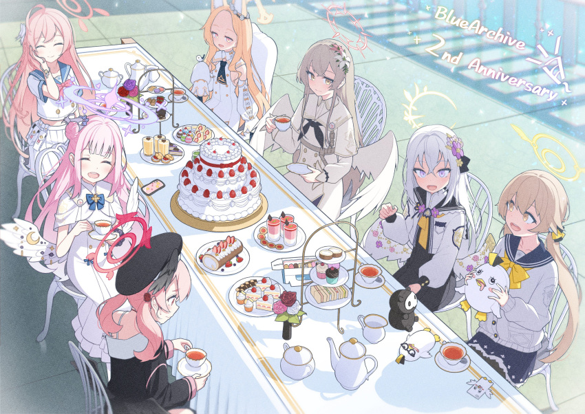 6+girls, absurdres, angel_wings, animal_ears, anniversary, azusa_(blue_archive), blonde_hair, blue_archive