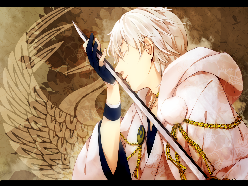1boy, bird, blue_gloves, blue_wristband, closed_eyes, colored_eyelashes, crane_(animal), fingernails
