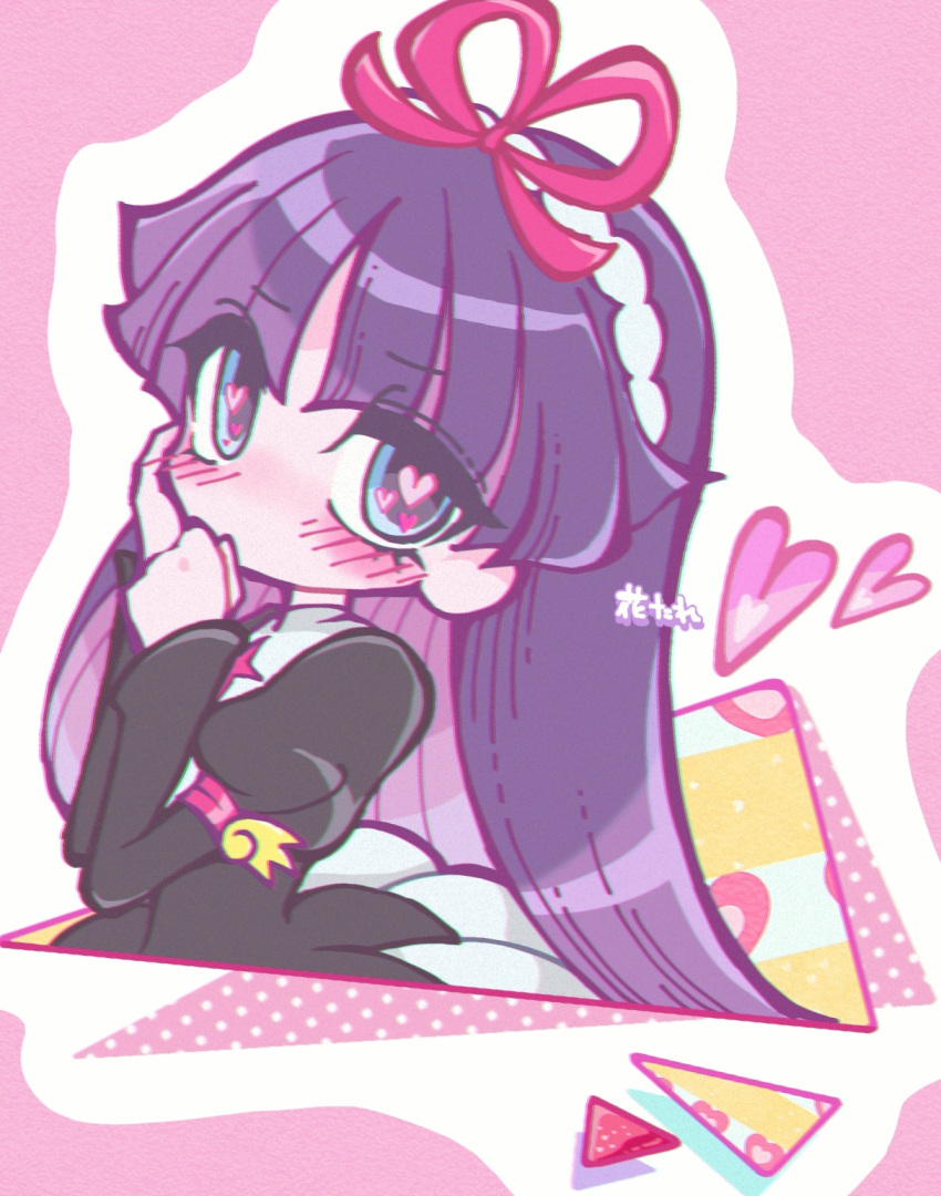 1girl, bangs, blue_eyes, blush, feli_(puyopuyo), hand_on_own_face, heart, heart-shaped_pupils, highres, long_hair, looking_at_viewer, purple_hair, puyopuyo, solo, symbol-shaped_pupils, usagi_honmono