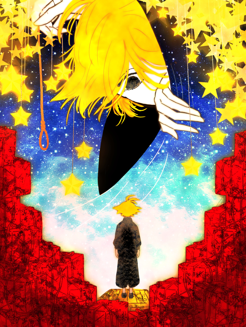 2boys, ahoge, black_eyes, black_footwear, black_shirt, blonde_hair, box, curtains, dual_persona, flipped_hair, highres, holding, male_focus, mix_usagi, multiple_boys, noose, pale_skin, pppppp, rope, shirt, sky, sonoda_lucky, standing, star_(sky), star_(symbol), starry_sky