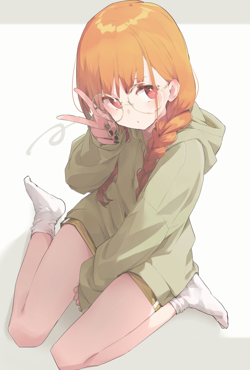 1girl, bangs, between_legs, black_nails, braid, commentary, glasses, green_hoodie