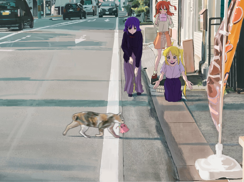>_<, 4girls, ahoge, animalization, bangs, blonde_hair, blue_hair, bocchi_the_rock!