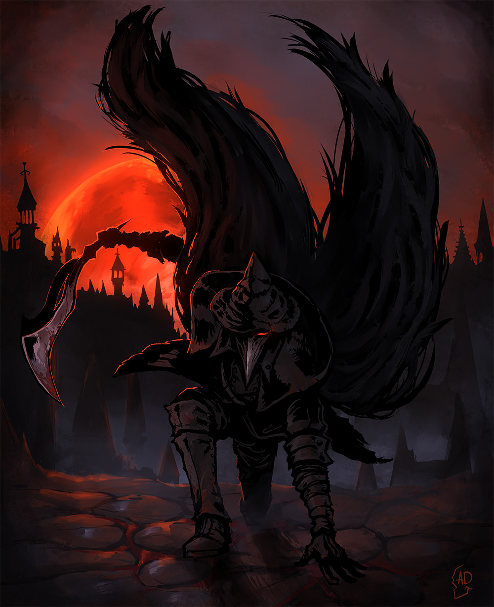 1boy, adepietro, beak, bird_mask, blade, blade_of_mercy, bloodborne, eileen_the_crow, fantasy, feather-trimmed_coat, feathers, fighting_stance, glowing, glowing_eye, hat, highres, lineart, mask, moon, night, plague_doctor, plague_doctor_mask, red_eyes, red_moon, solo, yharnam