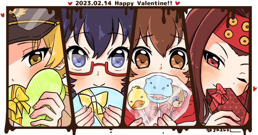4girls, asa_no_ha_(pattern), bangs, bird, black_hair, blonde_hair, blue_eyes, blush
