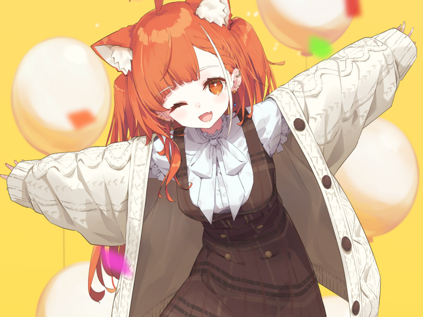 1girl, ahoge, animal_ear_fluff, aran_sweater, balloon, bow, breasts, brown_dress