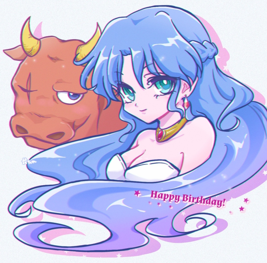 1boy, 1girl, blue_eyes, blue_hair, breasts, dress, earrings, happy_birthday