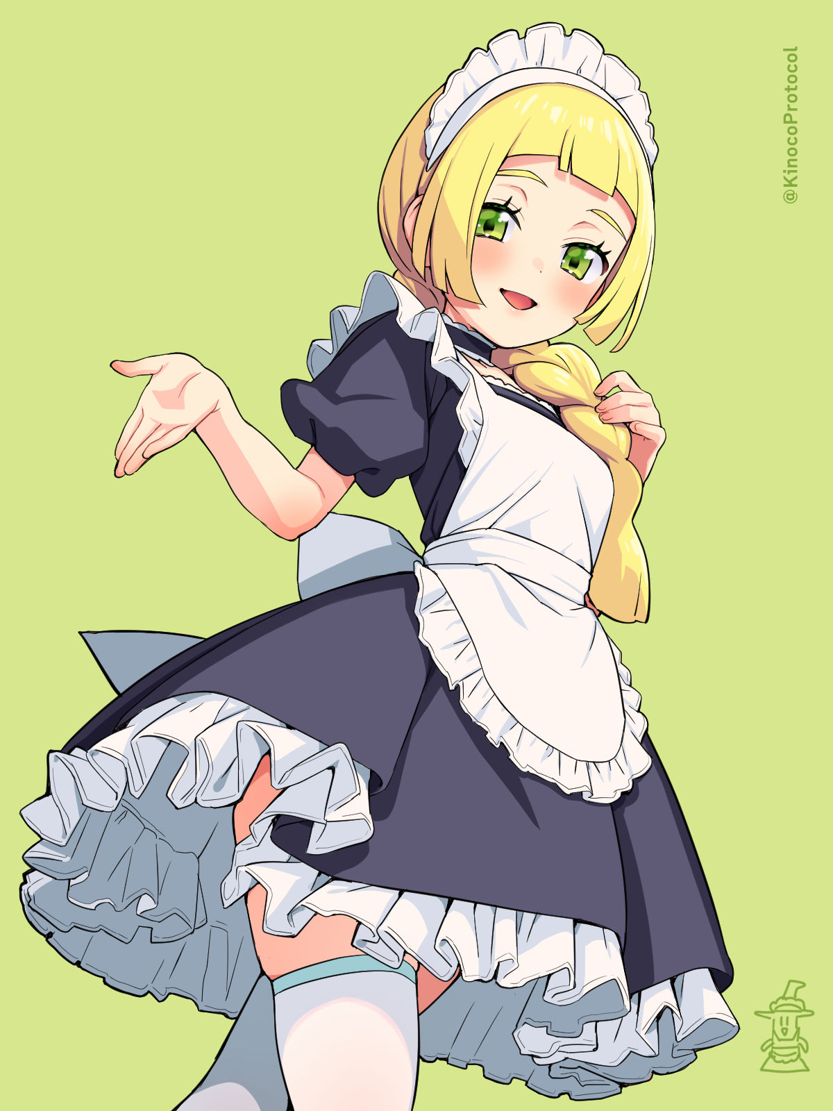 1girl, :d, alternate_costume, apron, bangs, black_dress, blonde_hair, blunt_bangs