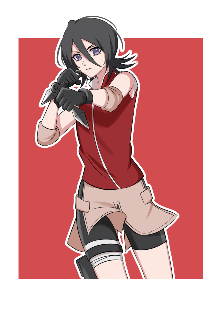 1girl, bandages, bangs, bare_shoulders, bike_shorts, black_gloves, black_hair, black_shorts