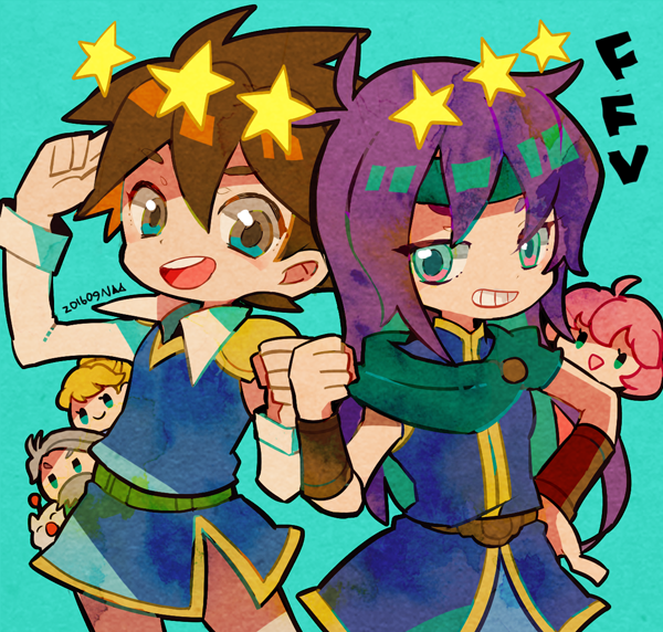 2boys, 3girls, 73_(naa), blonde_hair, blue_eyes, brown_hair, butz_klauser, chibi