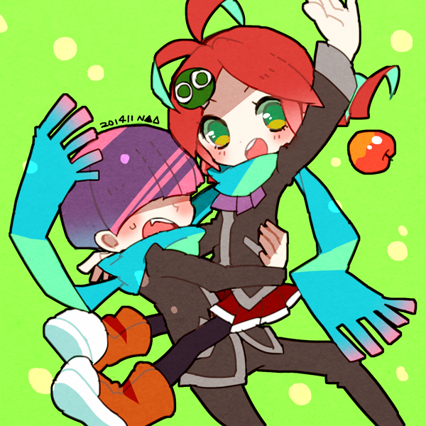 1boy, 1other, 73_(naa), andou_ringo, apple, bangs, blush, boots