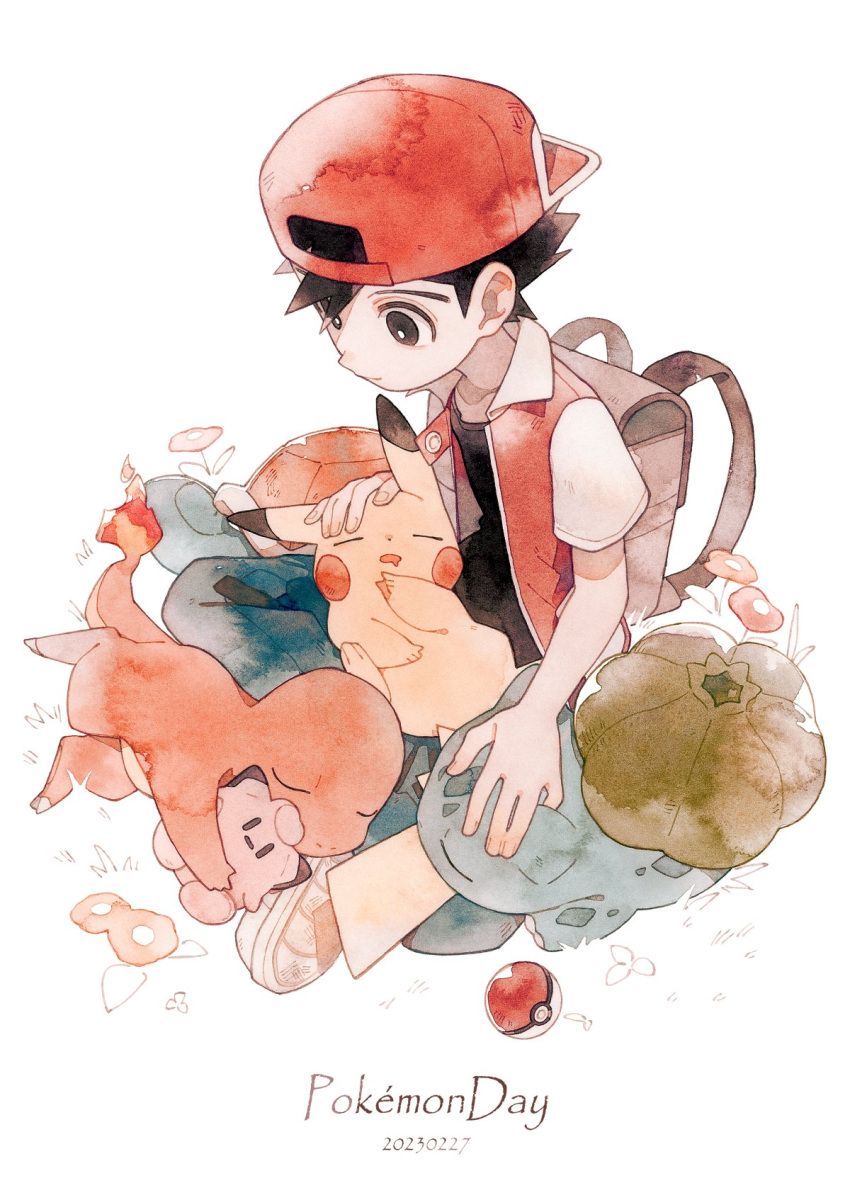 1boy, anniversary, backpack, backwards_hat, bag, baseball_cap, black_eyes, black_hair