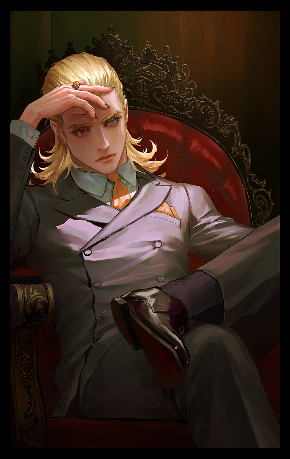 1boy, black_nails, blonde_hair, blue_eyes, buttons, crossed_legs, formal, hair_slicked_back