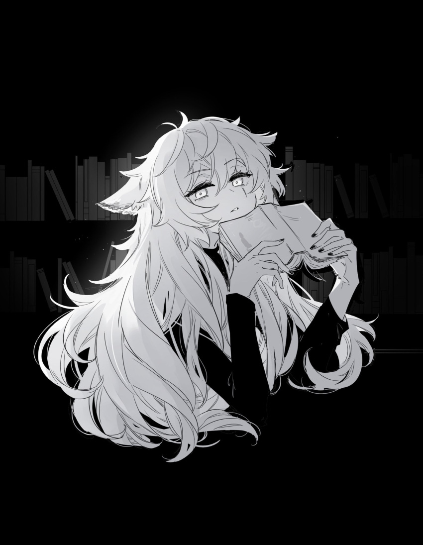1girl, animal_ears, arknights, bangs, black_background, book, commentary_request, cropped_torso