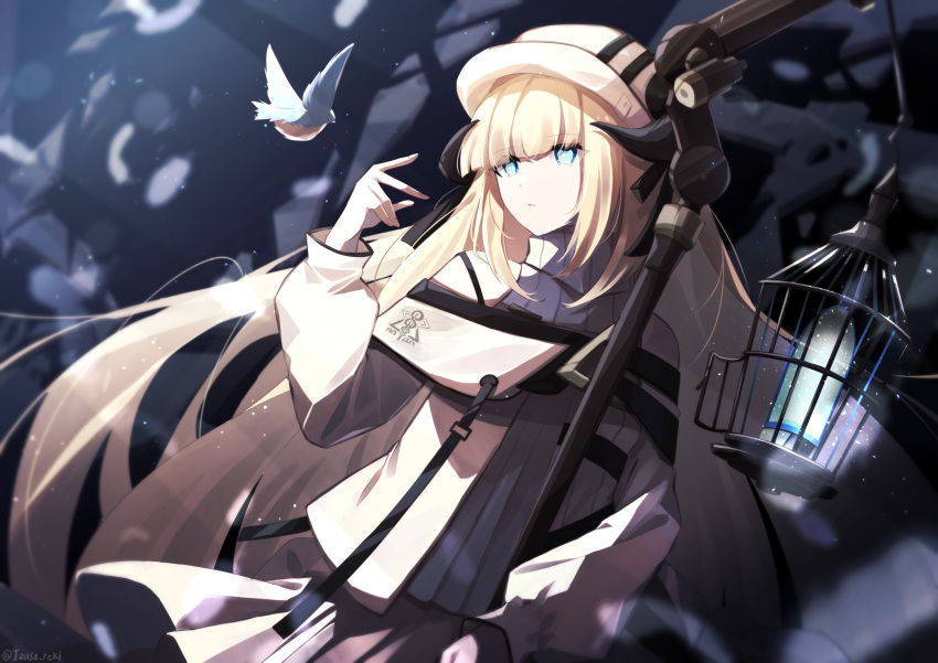 1girl, absurdres, arknights, bangs, bird, birdcage, blonde_hair, blue_eyes, blunt_bangs, cage, commentary, cowboy_shot, demon_girl, demon_horns, hand_up, highres, horns, horns_through_headwear, izuse_reki, jacket, long_hair, long_sleeves, nightingale_(arknights), off-shoulder_jacket, off_shoulder, parted_lips, sleeveless, sleeveless_sweater, solo, staff, sweater, very_long_hair, white_headwear, white_jacket, white_sweater