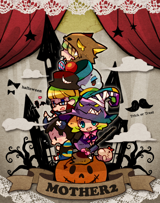 1girl, 1other, 4boys, 73_(naa), alternate_costume, black_hair, blonde_hair, blue_eyes, broom, broom_riding, chibi, copyright_name, curtains, doseisan, glasses, halloween, halloween_costume, hat, jeff_andonuts, mother_(game), mother_2, multiple_boys, ness_(mother_2), paula_(mother_2), poo_(mother_2), porky_minch, red_eyes, witch_hat